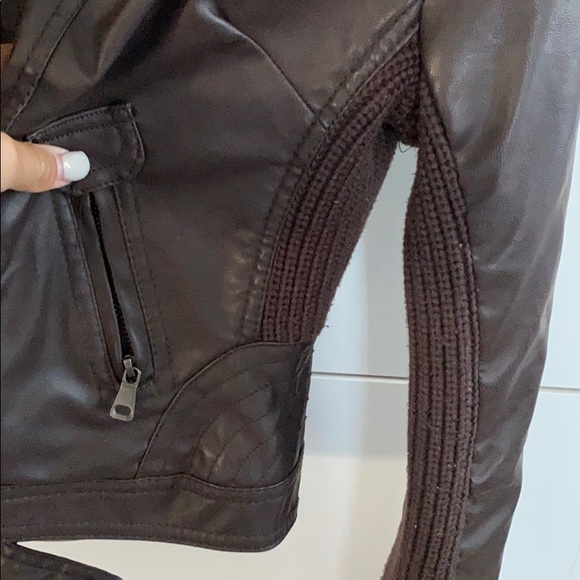 Brown Leather Hooded Jacket w/ Sweater Material - Picture 6 of 11